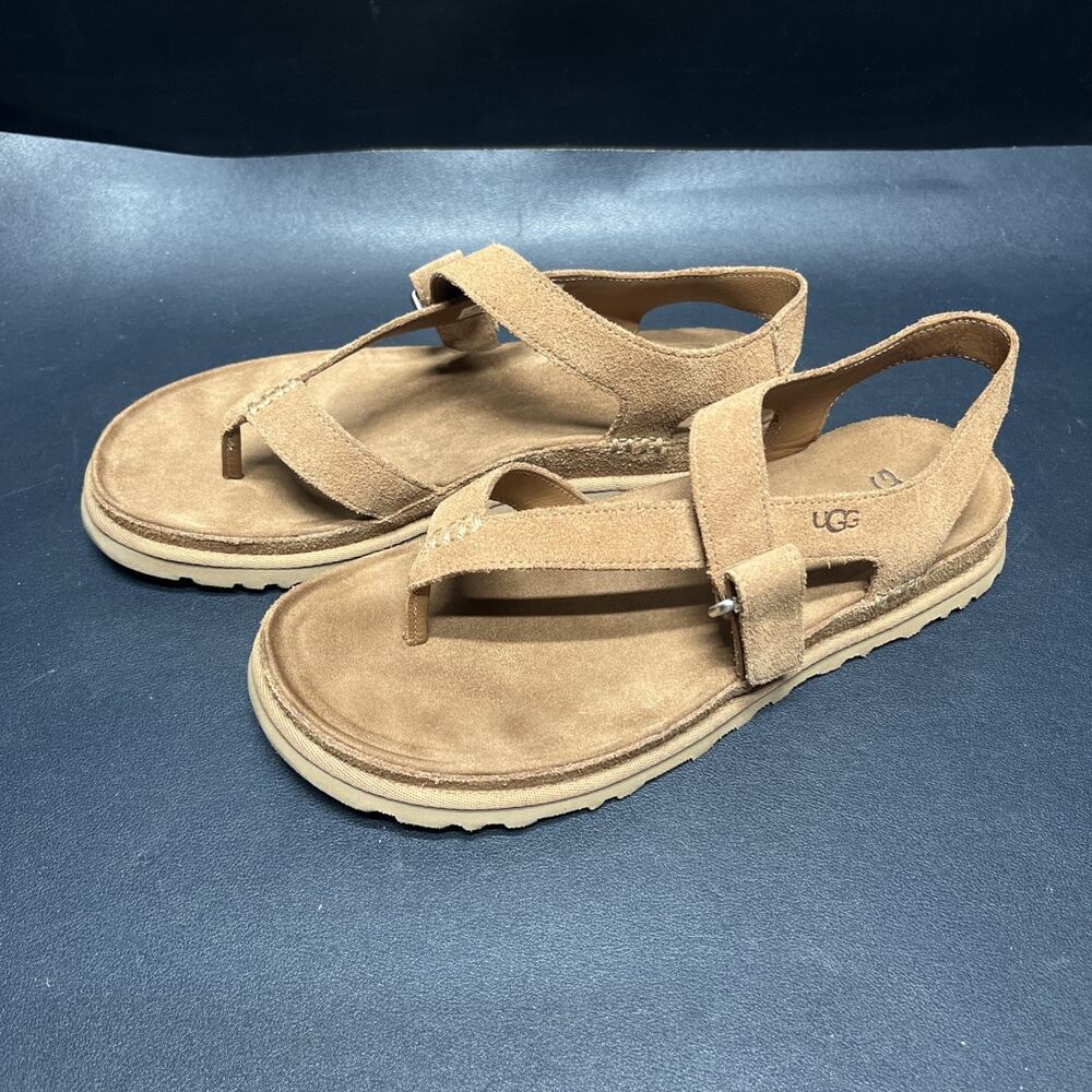 UGG GoldenGaze Toe Post Sandal Chestnut Brown Suede Leather Women’s Size 8, EUC.